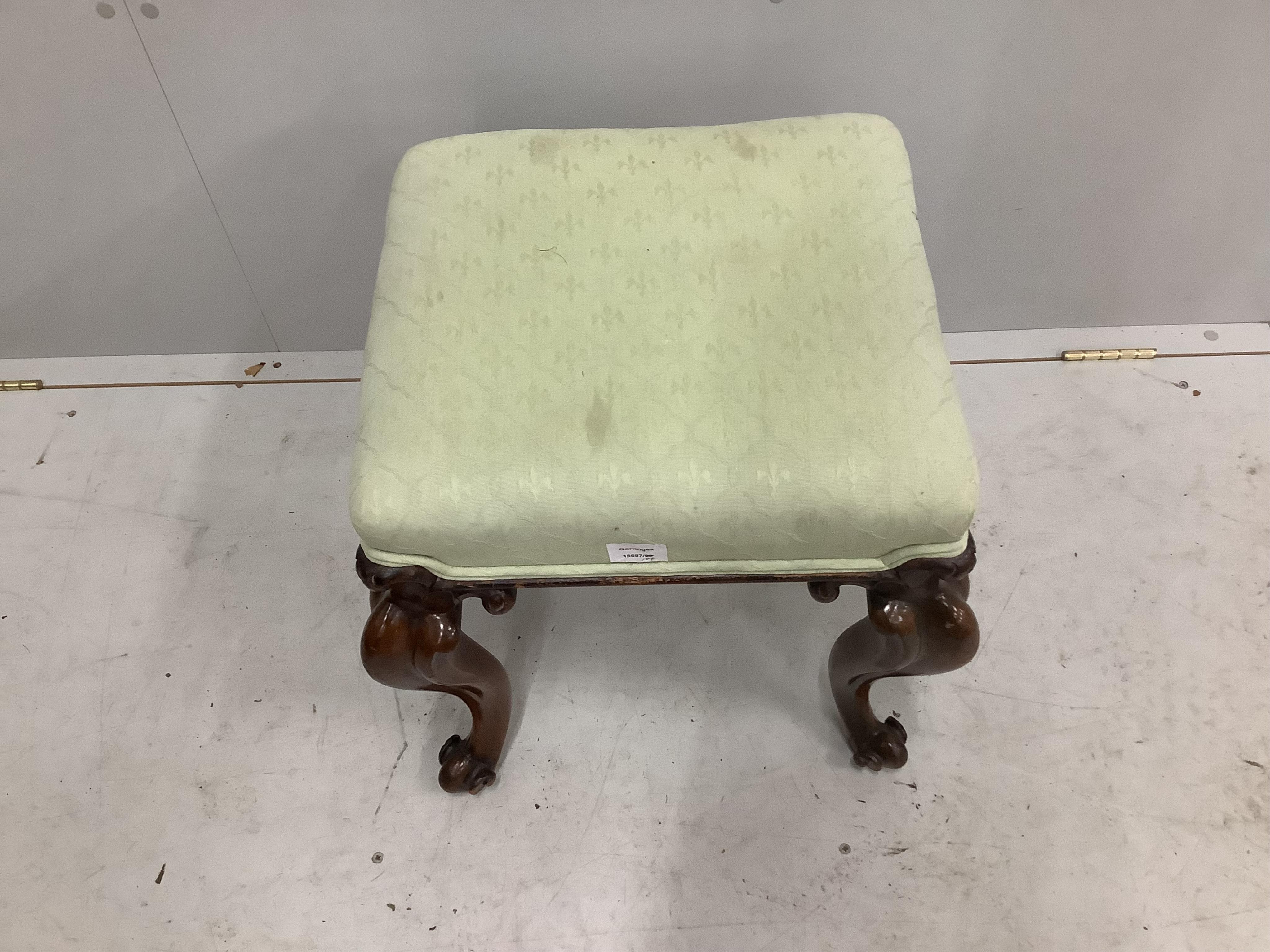 A Victorian rosewood square topped dressing stool, on cabriole legs, width 46cm, depth 44cm, height 48cm. Condition - fair